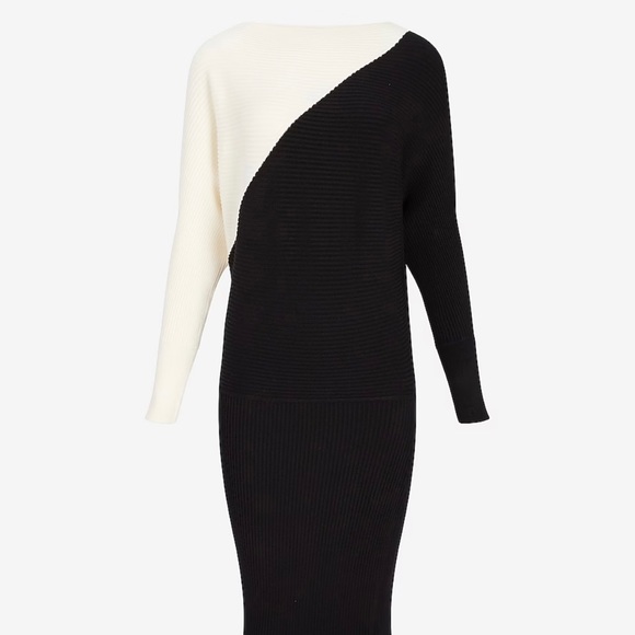 Color Block Asymmetrical Off the Shoulder Midi Sweater Dress - Picture 2 of 7